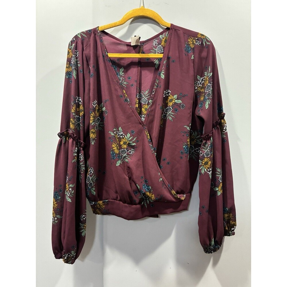 Windsor Wine Floral Wrap Blouse XL | Long Sleeve V-Neck Tie Back Top Whimsy